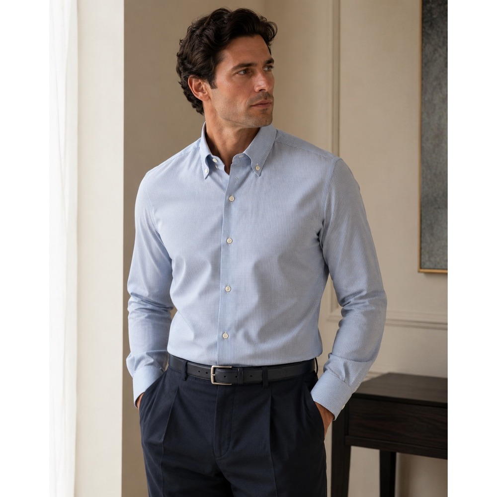 Brioni Mens XXL Light Blue Micro Check Button Down Shirt Made in Italy